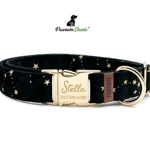 Collare per cani personalizzato - Nome personalizzato, parti metalliche, fatto a mano, collare per cani di piccola e grande taglia, regalo per cani - Black Stars