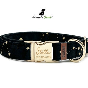 Personalized Dog Collar - Custom Name, Metal Hardware, Handmade, Collar for Small to Large Dogs, Gift for Dogs - Black Stars