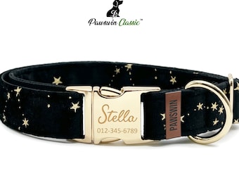 Personalized Dog Collar - Custom Name, Metal Hardware, Handmade, Collar for Small to Large Dogs, Gift for Dogs - Black Stars