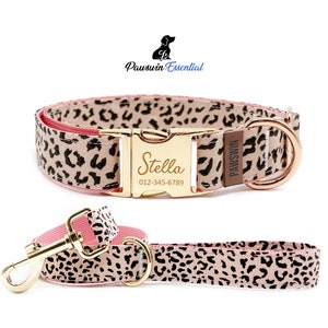 May include: Pink and black leopard print dog collar and lead set with gold hardware. The collar has a personalised name tag that reads "Stella" and a phone number. The lead has a gold clip.