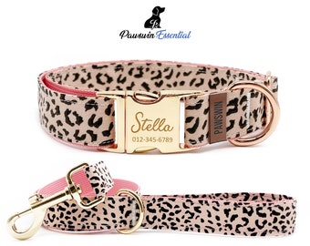 Pink Leopard Dog Essential Bundle - Custom Dog Collar and Leash - Personalized Engraved Collar - Adjustable Size - Metal Buckle