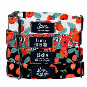 Personalized Poppies Flower Dog Collar: Custom Name Patch, Handmade Nylon Collar