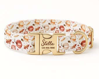 Könnte beinhalten: Ein weißes Hundehalsband mit einem herbstlichen Muster aus Kürbissen und Blättern. Die goldfarbene Schnalle trägt den Namen "Stella" und eine Telefonnummer. Das Halsband ist für Haustiere bestimmt.