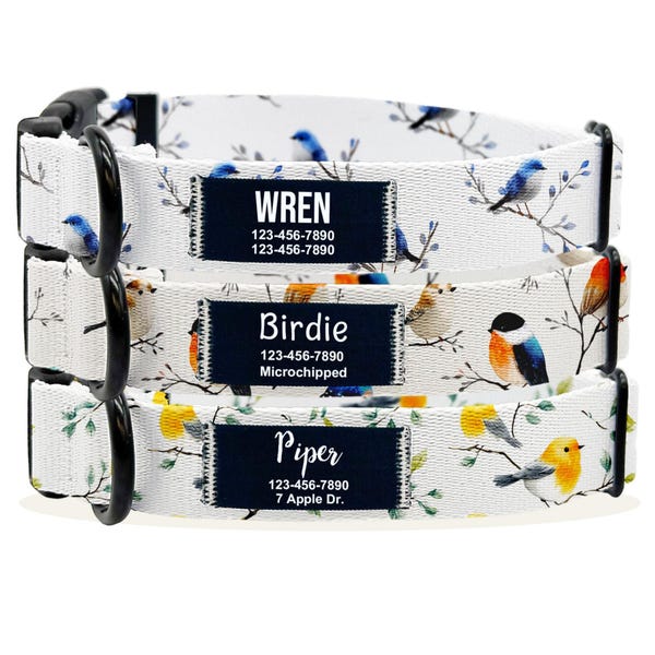 Personalisierter Vogel Nylon Kragen, Still genähter Namensaufnäher, Zaunkönig-Rotkehlchen-Muster, Naturgeschenk