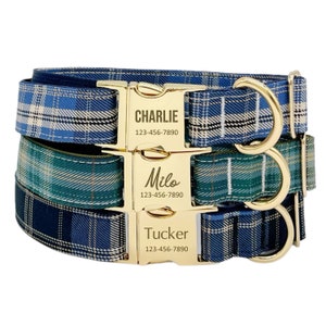 Personalized Blue Plaid Dog Collar: Custom Engraved Metal Buckle