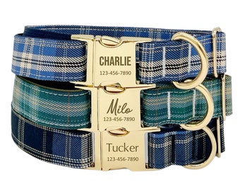 Personalized Blue Plaid Dog Collar: Custom Engraved Metal Buckle