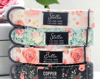 Personalized Rose Floral Dog Collar – Custom Printed Name Patch, Lightweight Adjustable Nylon ID Collar