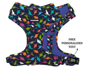 Personalisiertes Hundegeschirr: Handgefertigter verstellbarer Dinosaurier-Druck, individuell eingravierter Name