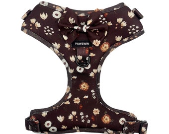 Dog Harness 100% Handmade harness, Small to Large Dogs, Metal ringed secure, Adjustable Dog Harness - Dark Brown Flower