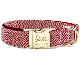 Personalized Dog Collar - Custom Name, Metal Hardware, Handmade, Collar for Small to Large Dogs, Gift for Dogs - Ruby Chevron