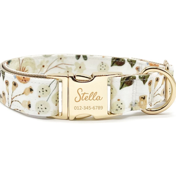 Personalized Floral Dog Collar: Custom Engraved Name Metal Buckle, Lightweight Cotton