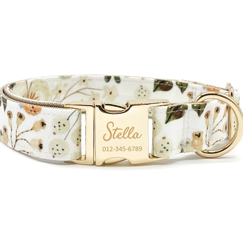 May include: A white dog collar with a gold buckle and a floral pattern. The buckle is engraved with the name "Stella" and a phone number.