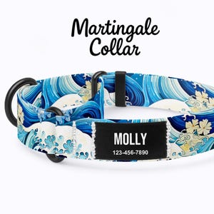 May include: A blue and white martingale collar featuring a wave design. The collar has a black metal ring and a black name tag with "MOLLY" and a phone number. The text "Martingale Collar" is above the collar.