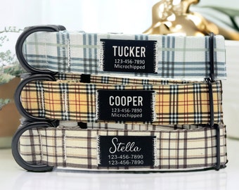Personalized Plaid Grid Dog Collar – Custom Printed Name Patch, Lightweight Adjustable Nylon ID Collar