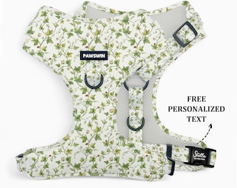 Personalized Ivy Dog Harness with Name, No Pull Forest Pattern Vest, Custom Engraved Buckle