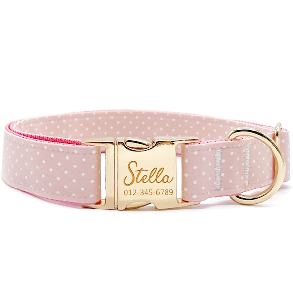 Personalized Dog Collar - Custom Name, Metal Hardware, Handmade, Collar for Small to Large Dogs, Gift for Dogs - Pink Dot