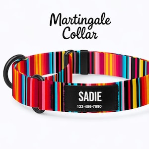 May include: A colorful Martingale dog collar with vertical stripes in red, pink, yellow, blue, and black. The collar features a black buckle and a black name tag that reads "SADIE" and a phone number. The collar is designed for dogs.