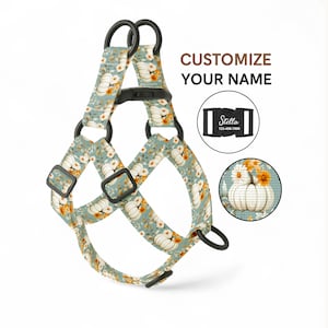 May include: A dog harness with a pale blue background, patterned with white pumpkins and yellow flowers. The harness has black fittings and the text "CUSTOMIZE YOUR NAME". A small circle shows a close-up of the pumpkin design.