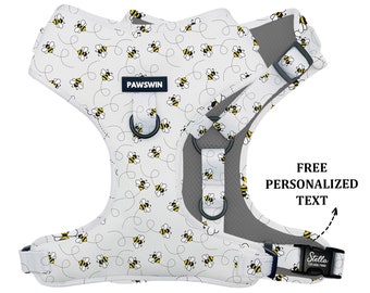 Handmade Bees Dog Harness: Custom Engraved Name, Adjustable, Metal Ring, Secure