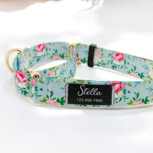 Könnte beinhalten: Ein hellblaues Hundehalsband mit einem Blumenmuster mit rosa Rosen und grünen Blättern. Das Halsband hat eine goldene Schnalle und ein schwarzes Schild mit der Aufschrift "Stella 123-456-7890".