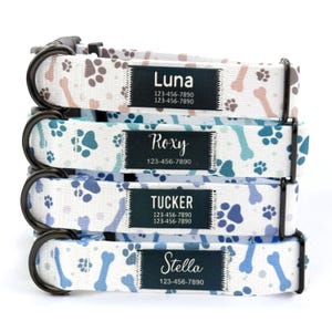 May include: Four dog collars with paw print and bone designs. The collars are stacked on top of each other. Each collar has a black tag with a name and phone number. The names are Luna, Roxy, Tucker, and Stella.