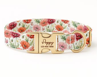 Personalized Poppy Dog Collar, Engraved Gold Buckle, Red Floral Pattern, Watercolor Summer Gift