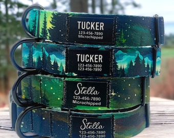 Personalized Forest Green Nylon Dog Collar, Custom Printed Name Patch, Lightweight Adjustable ID Collar, XS‑XL