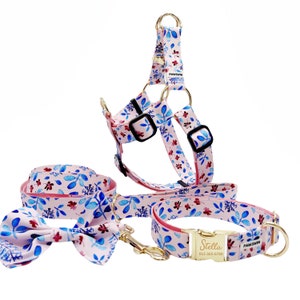 Collier pour chien personnalisé laisse harnais noeud papillon - carte d'identité gravée personnalisée, fait main, boucle en métal pour petits et grands chiens - fleur rose