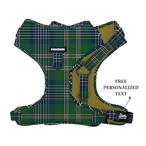 Personalized Dog Harness 100% Handmade harness, Small to Large Dogs, Metal ringed secure, Adjustable Dog Harness - Green Plaid