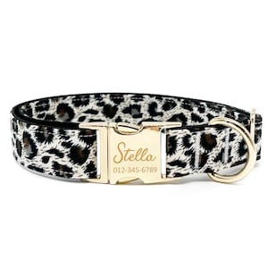Personalized Leopard Dog Collar: Custom Engraved Name, Handmade Metal Buckle
