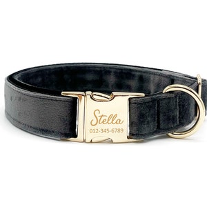 Personalized Black Velevt Dog Collar: Custom Engraved Name, Handmade