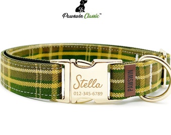 Personalized Plaid Dog Collar: Custom Engraved Name, Handmade