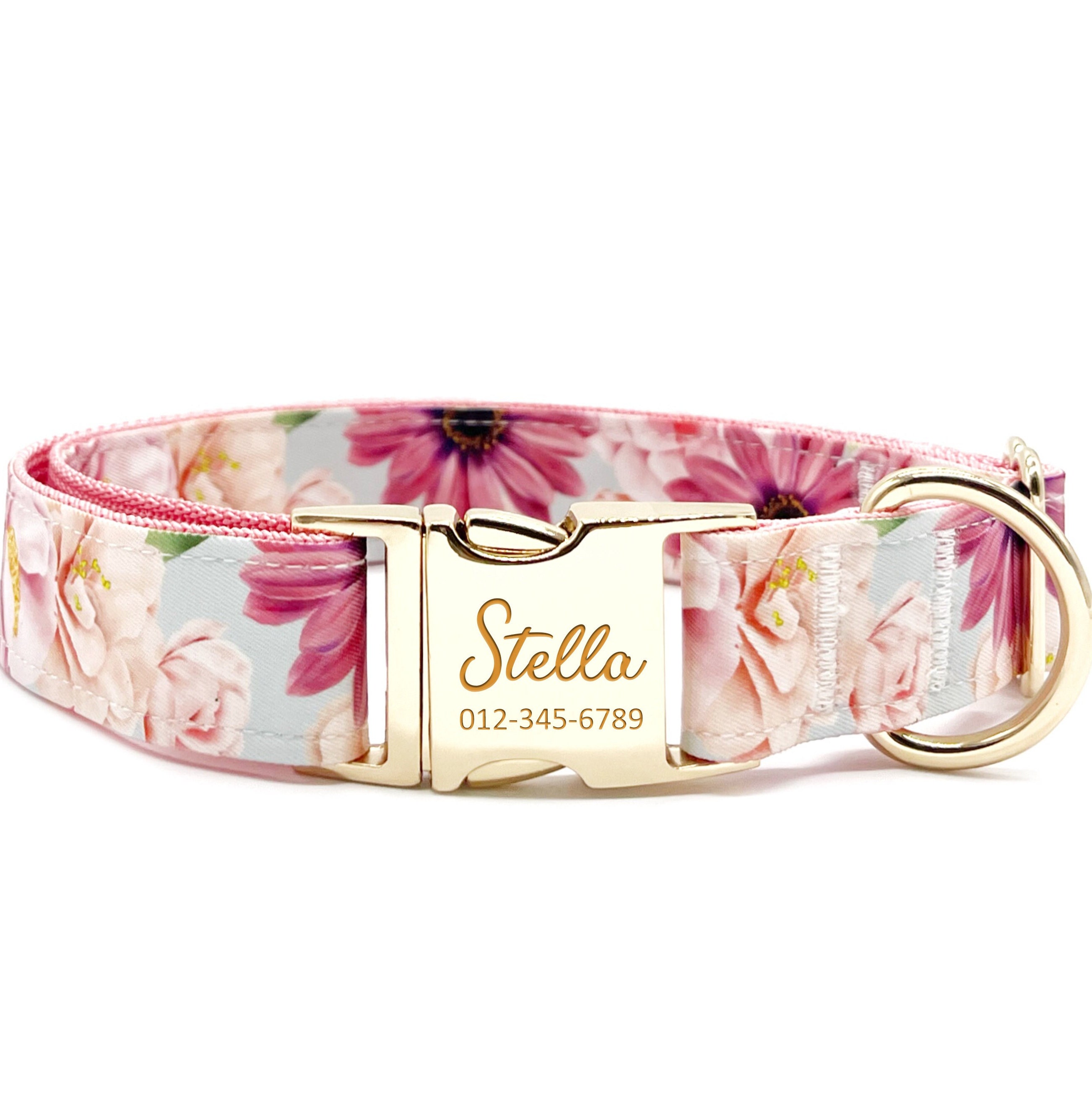 Personalized Dog Collar - Custom Name, Metal Hardware, Handmade, Collar for Small to Large Dogs, Gift for Dogs - Pink Lily