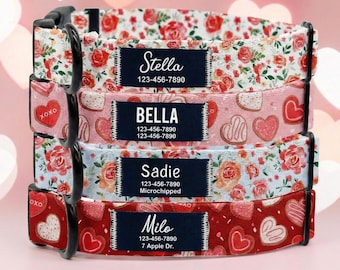 Personalized Valentine Pet Gear, Custom Name Patch, Heart Rose Pattern, Silent Custom ID Gift