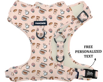 Personalized Dog Harness: Handmade Adjustable Coffee Time Print, Custom Engraved Name