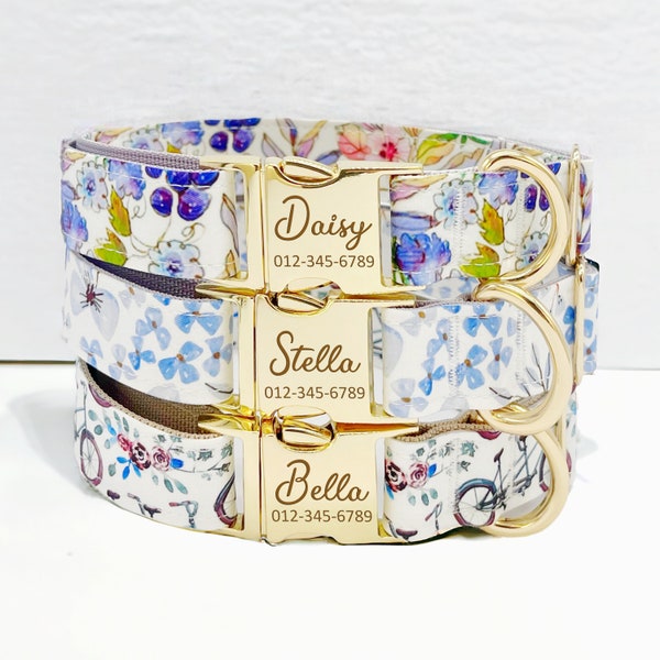 Flower Dog Collar and Leash - Custom Dog Collar and Leash - Personalized Engraved Collar - Adjustable Size - Metal Buckle - Flower Series
