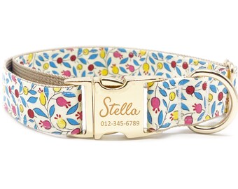 Personalized Floral Dog Collar: Engraved Metal Buckle, Custom Pet ID