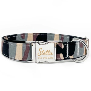 Personalized Camouflage Dog Collar: Custom Engraved Name, Metal Buckle, Handmade