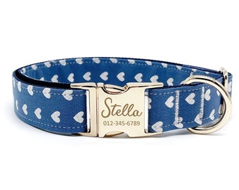 Personalized Dog Collar - Custom Name, Metal Hardware, Handmade, Collar for Small to Large Dogs, Gift for Dogs - Blue Heart