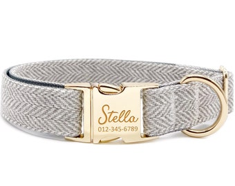 Hundehalsband personalisiert - Name, Metall Hardwares, handgemacht, Halsband für kleine bis große Hunde, Geschenk für Hunde - Foggy Taupe