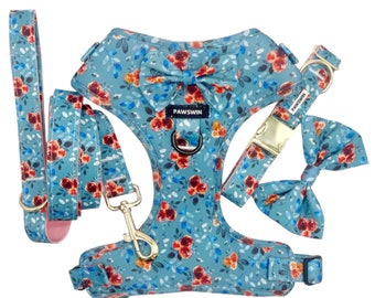 Personalized Floral Dog Collar Leash Harness Bowtie Set: Custom Engraved Name
