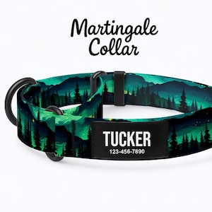 Può includere: Un collare Martingale per cani con un design a scena di foresta nelle tonalità del verde e del blu. Il collare presenta il nome "TUCKER" e un numero di telefono su una toppa rettangolare nera. Il collare ha hardware in metallo nero.