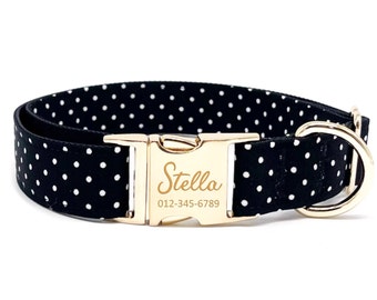 Personalized Dog Collar - Custom Name, Metal Hardware, Handmade, Collar for Small to Large Dogs, Gift for Dogs - Black Dot