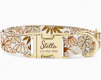Hundehalsband personalisiert: Boho Blume, Haustier ID-Gravur, Metallschnalle