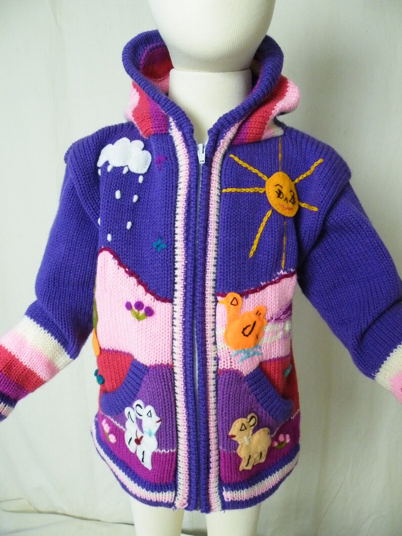 Size 34 Yrs L=39cm W=32cm IA= 30cm Fair Trade. Peruvian arpillera childskids sweatercardigan with embroideryapplique work
