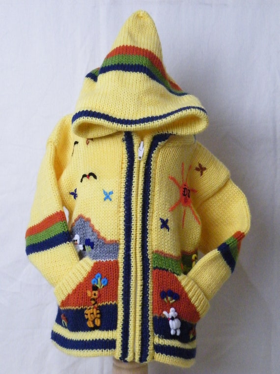 Handmade Peruvian arpillera childs/kids sweater/cardigan with embroidery/applique work. Size 1/2 yrs L=33cm W=27cm I/A=23cm Fair Trade.