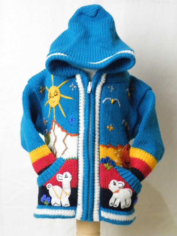 Handmade Peruvian arpillera childs/kids sweater/cardigan with embroidery/applique work. Size 9/12 mths L=30cm W=25cm I/A=25cm Fair Trade.
