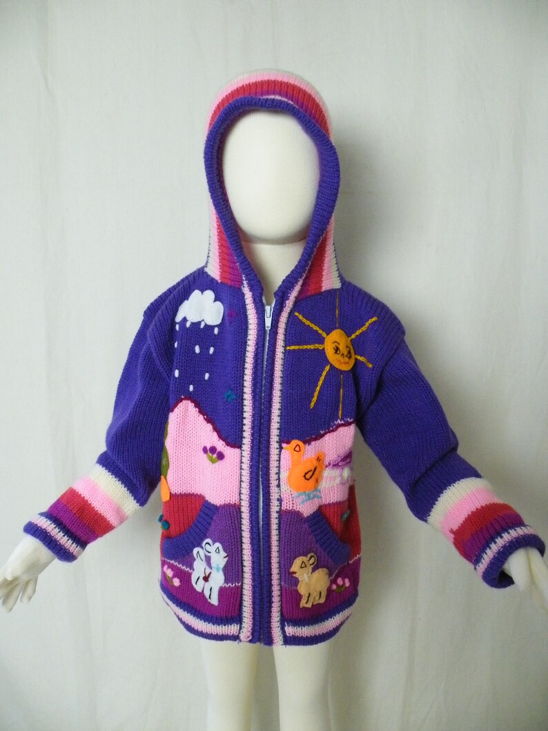 Size 34 Yrs L=39cm W=32cm IA= 30cm Fair Trade. Peruvian arpillera childskids sweatercardigan with embroideryapplique work