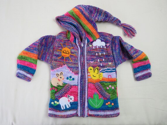 Handmade Peruvian arpillera childs/kids sweater/cardigan with embroidery/applique work. Size 1/2 Yrs L=33cm W=27cm I/A= 24cm Fair Trade.
