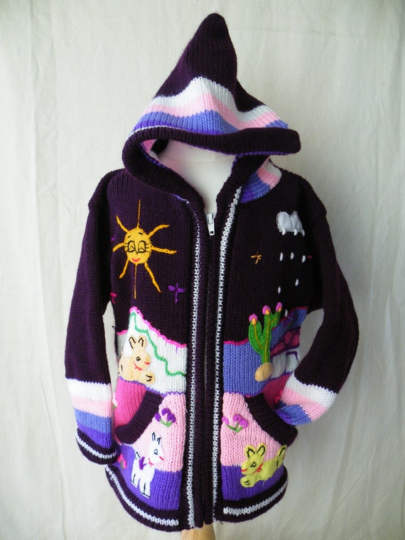 Childs Peruvian arpillera hooded sweater/cardigan with applique/embroidery work. Made in Peru. Size 4/5 Yrs. L= 41 cm W=33 cm I/A = 28 cm